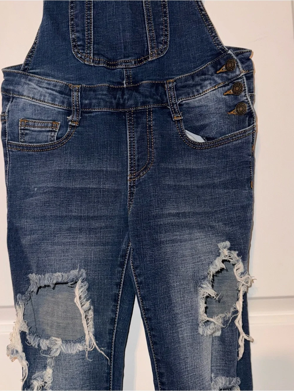 Machine Dark Blue Distressed busted skinny Denim Overalls 27